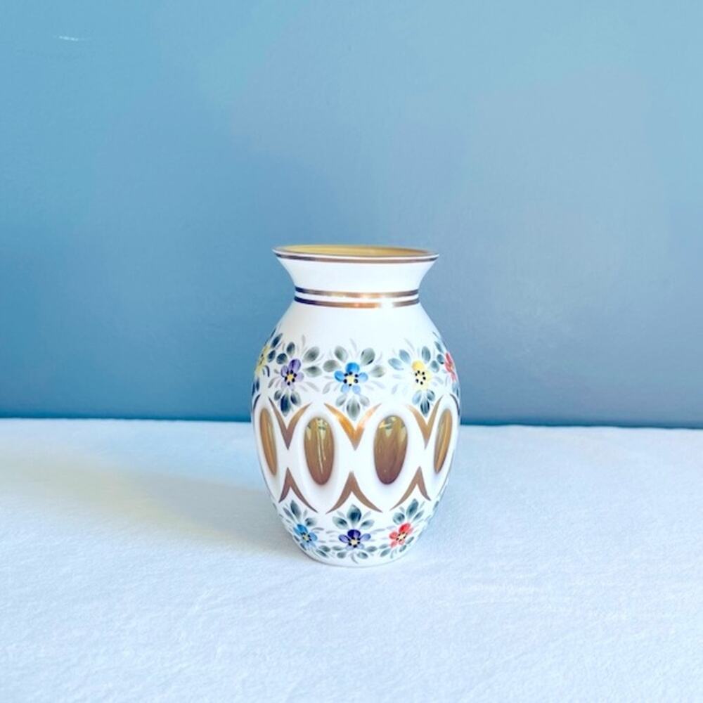 Vtg Bohemian Czech White Cased Cut Glass Vase Hand Painted Bud Yellow